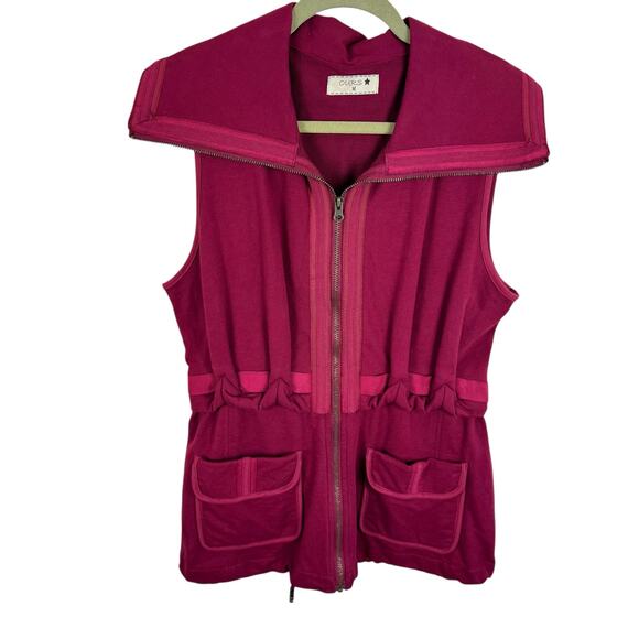 OURS 100% Cotton Red Full Zip Pleated Collared Vest Pockets Cinching Cord Size M - Picture 1 of 10